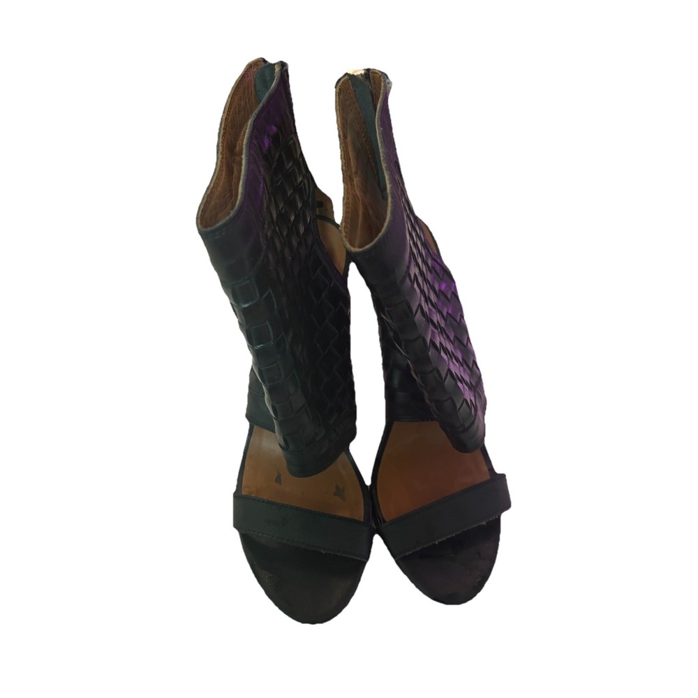 Modern Vintage Black Leather Weave Heels‎ Open Toe Stiletto Whimsigoth Boho 10 - Picture 3 of 6